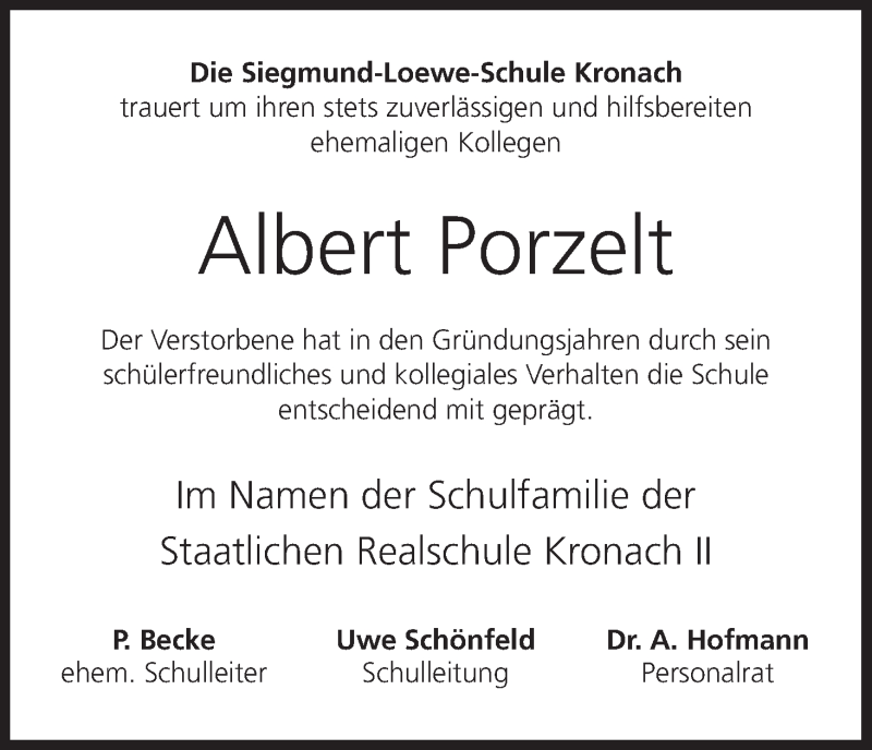  Traueranzeige für Albert Porzelt vom 22.02.2014 aus MGO
