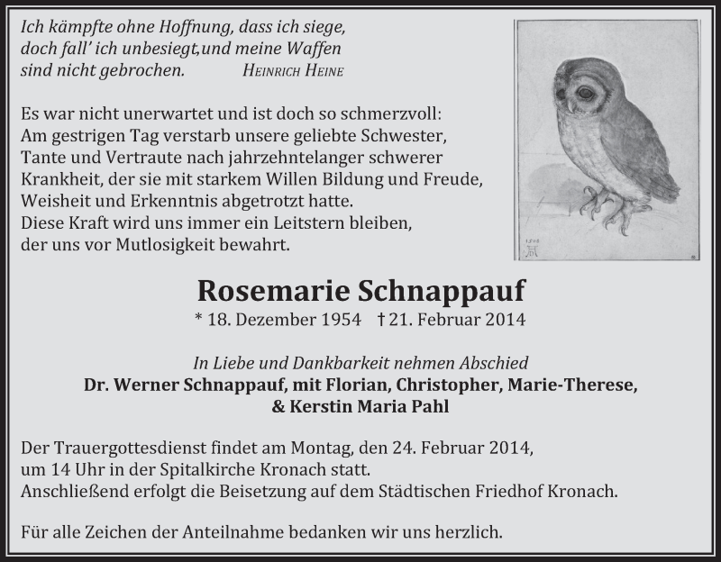 Traueranzeige für Rosemarie Schnappauf vom 22.02.2014 aus MGO