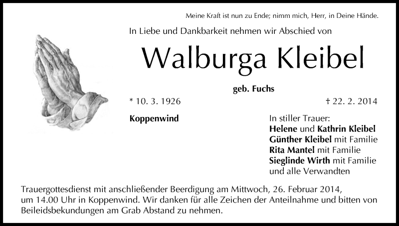  Traueranzeige für Walburga Kleibel vom 24.02.2014 aus MGO