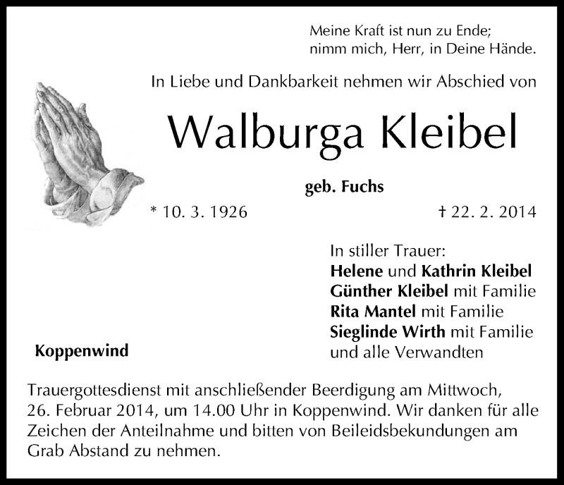  Traueranzeige für Walburga Kleibel vom 24.02.2014 aus MGO