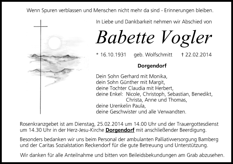  Traueranzeige für Babette Vogler vom 24.02.2014 aus MGO