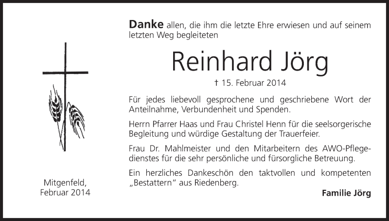  Traueranzeige für Reinhard Jörg vom 01.03.2014 aus MGO