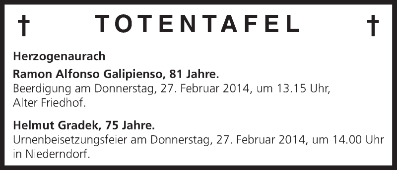  Traueranzeige für Totentafel vom 25.02.2014 vom 25.02.2014 aus MGO