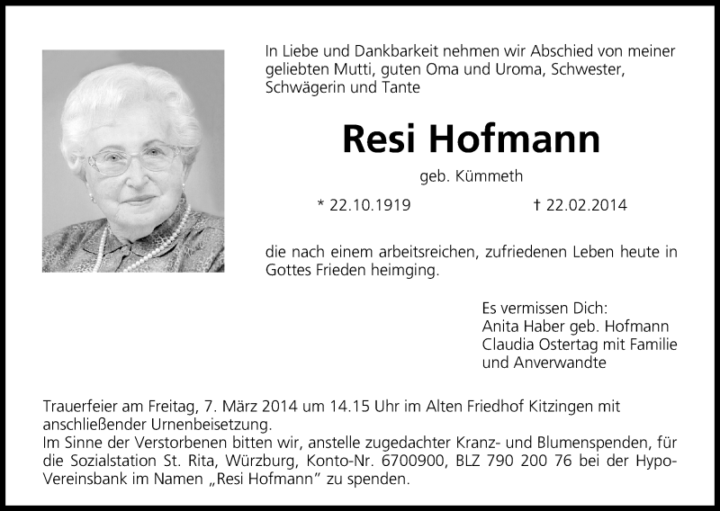 Resi Hofmann | Traueranzeige | trauer.inFranken.de