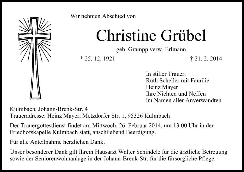  Traueranzeige für Christine Grübel vom 25.02.2014 aus MGO