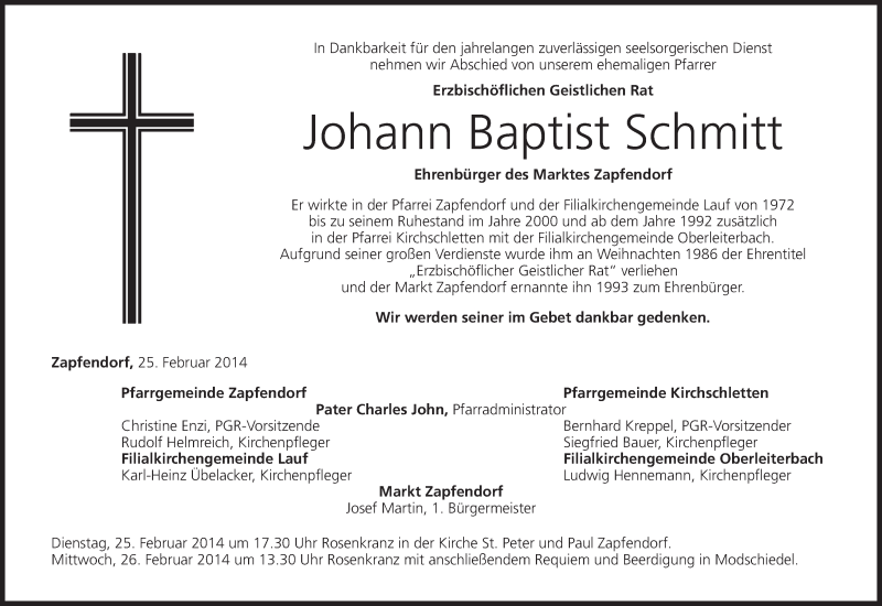  Traueranzeige für Johann Baptist Schmitt vom 25.02.2014 aus MGO