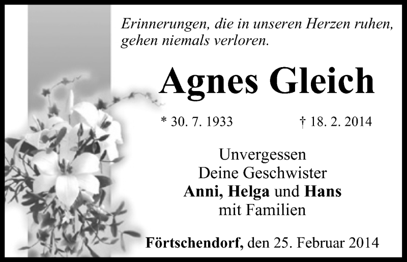  Traueranzeige für Agnes Gleich vom 25.02.2014 aus MGO