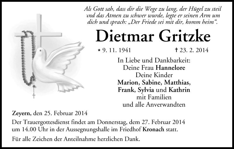  Traueranzeige für Dietmar Gritzke vom 25.02.2014 aus MGO