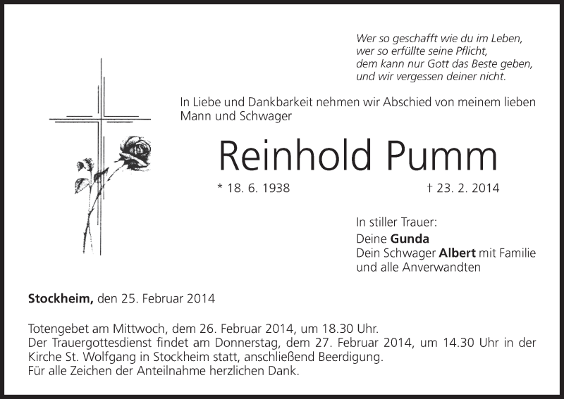  Traueranzeige für Reinhold Pumm vom 25.02.2014 aus MGO