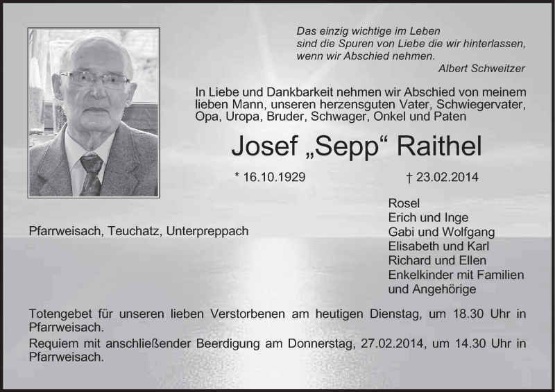  Traueranzeige für Josef Raithel vom 25.02.2014 aus MGO