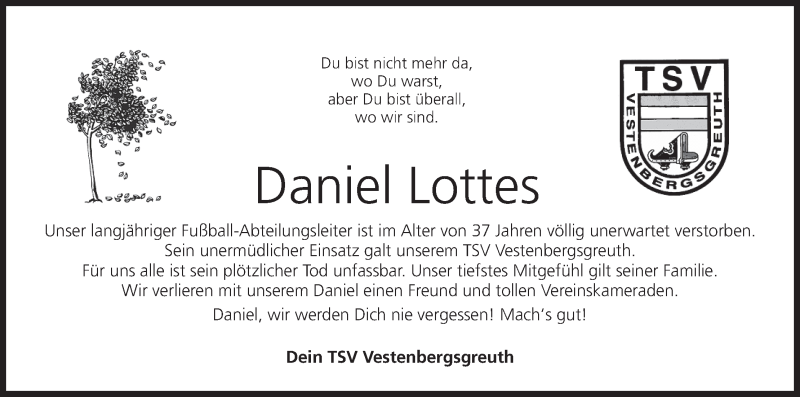  Traueranzeige für Daniel Lottes vom 26.02.2014 aus MGO