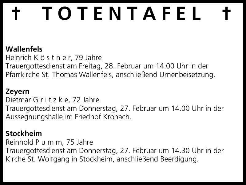  Traueranzeige für Totentafel vom 26.02.2014 vom 26.02.2014 aus MGO