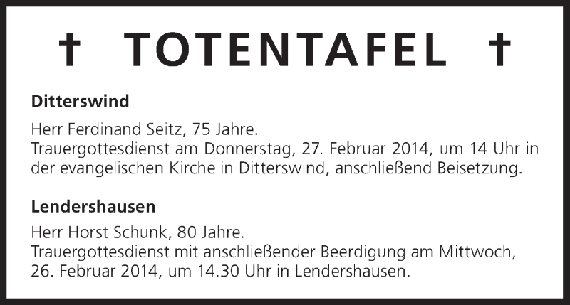  Traueranzeige für Totentafel vom 26.02.2014 vom 26.02.2014 aus MGO