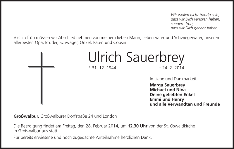  Traueranzeige für Ulrich Sauerbrey vom 26.02.2014 aus MGO