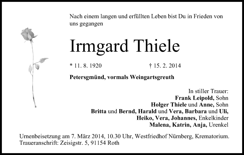  Traueranzeige für Irmgard Thiele vom 26.02.2014 aus MGO