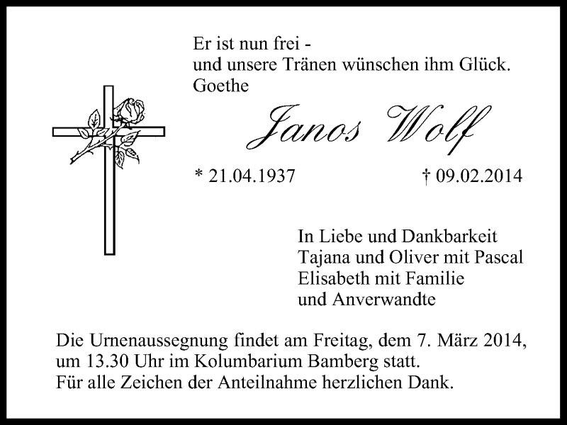  Traueranzeige für Janos Wolf vom 01.03.2014 aus MGO
