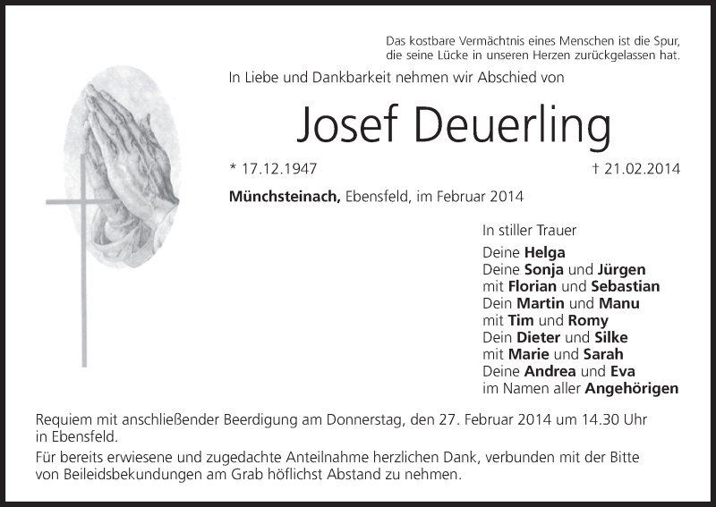  Traueranzeige für Josef Deuerling vom 26.02.2014 aus MGO