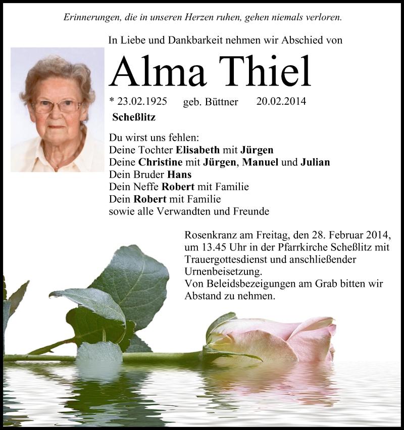  Traueranzeige für Alma Thiel vom 26.02.2014 aus MGO
