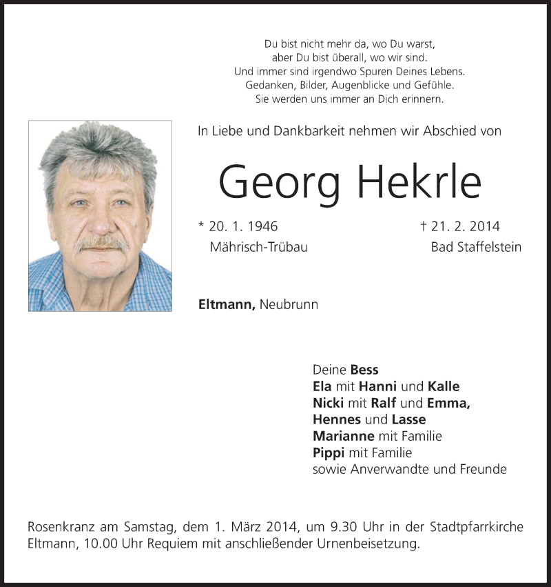  Traueranzeige für Georg Hekrle vom 26.02.2014 aus MGO