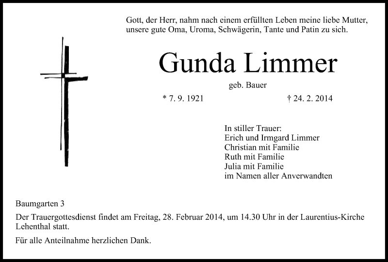  Traueranzeige für Gunda Limmer vom 26.02.2014 aus MGO