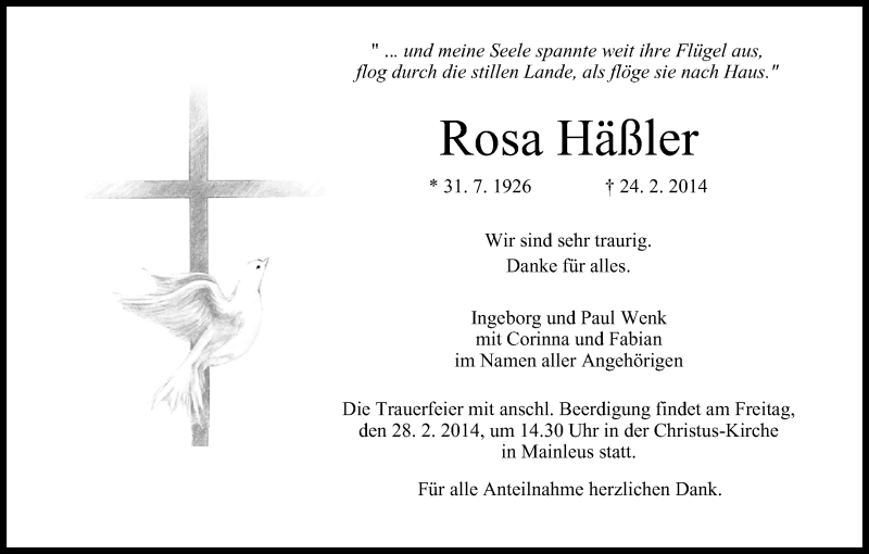  Traueranzeige für Rosa Häßler vom 26.02.2014 aus MGO