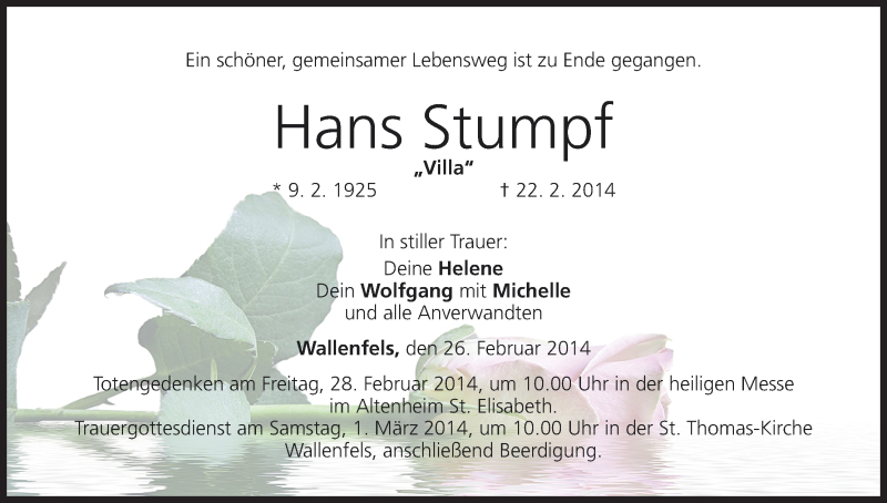  Traueranzeige für Hans Stumpf vom 26.02.2014 aus MGO