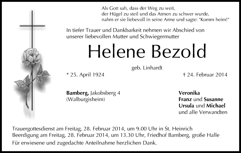  Traueranzeige für Helene Bezold vom 26.02.2014 aus MGO