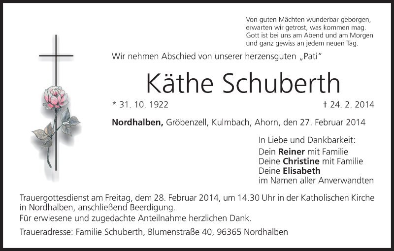  Traueranzeige für Käthe Schuberth vom 27.02.2014 aus MGO