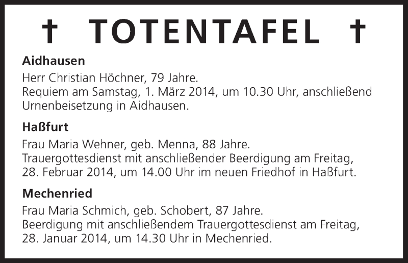  Traueranzeige für Totentafel vom 28.02.2014 vom 28.02.2014 aus MGO