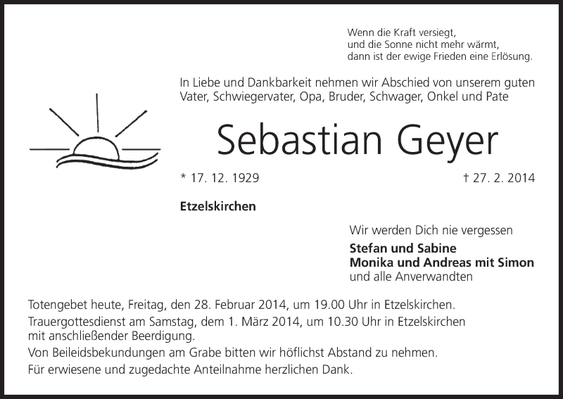  Traueranzeige für Sebastian Geyer vom 28.02.2014 aus MGO