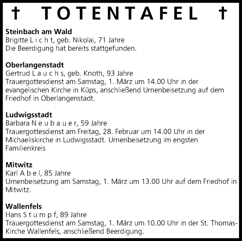  Traueranzeige für Totentafel vom 27.02.2014 vom 27.02.2014 aus MGO