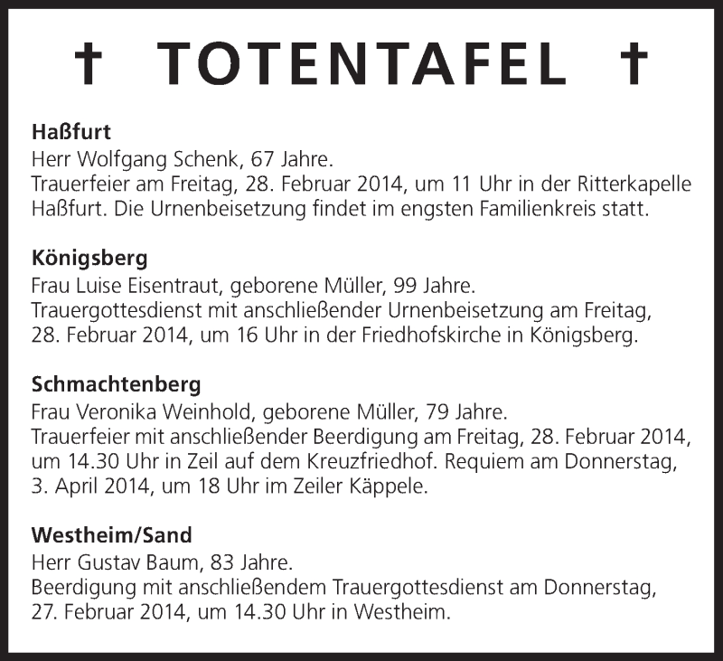  Traueranzeige für Totentafel vom 27.02.2014 vom 27.02.2014 aus MGO
