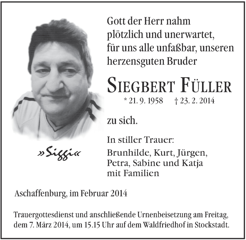  Traueranzeige für Siegbert Füller vom 27.02.2014 aus MGO