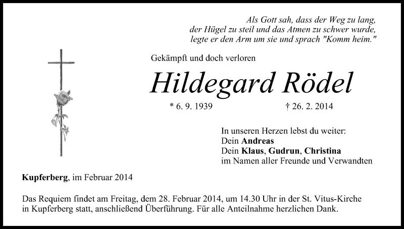  Traueranzeige für Hildegard Rödel vom 27.02.2014 aus MGO