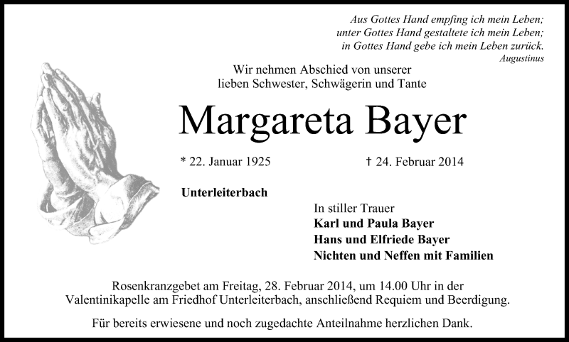  Traueranzeige für Margareta Bayer vom 27.02.2014 aus MGO