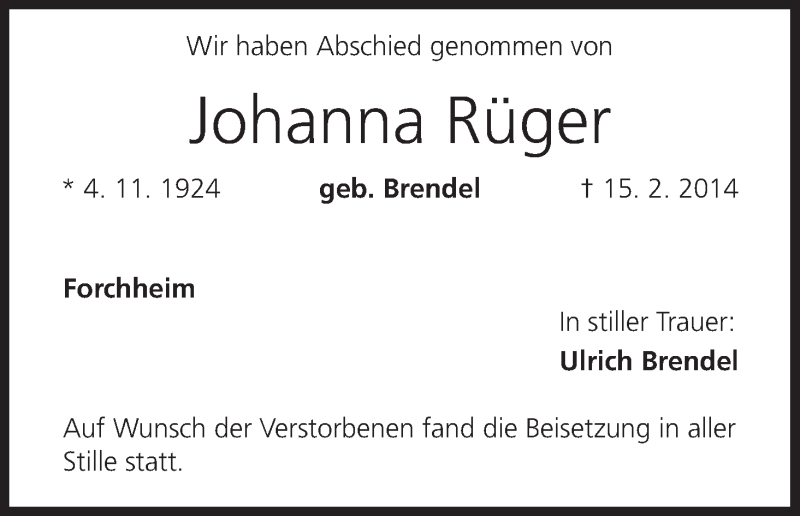 Traueranzeige für Johanna Rüger vom 01.03.2014 aus MGO