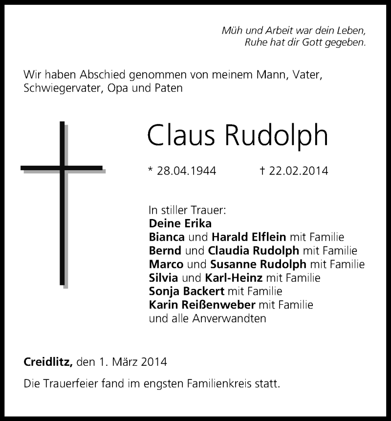  Traueranzeige für Claus Rudolph vom 01.03.2014 aus MGO