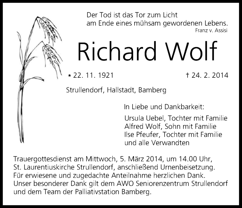 Traueranzeige für Richard Wolf vom 01.03.2014 aus MGO