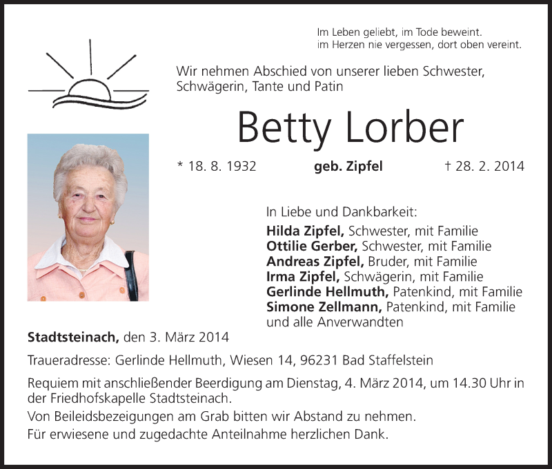  Traueranzeige für Betty Lorber vom 03.03.2014 aus MGO