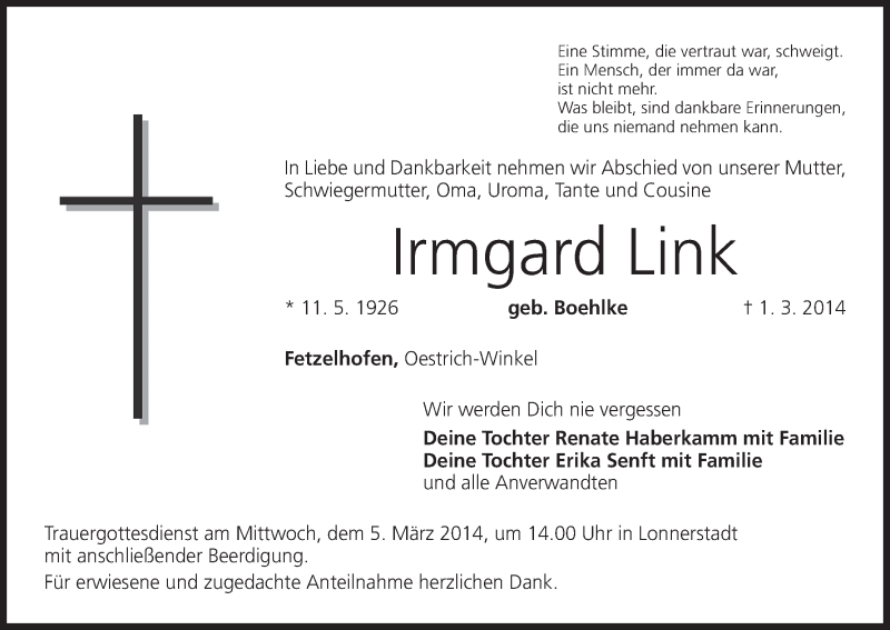  Traueranzeige für Irmgard Link vom 03.03.2014 aus MGO