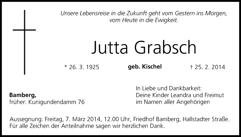  Traueranzeige für Jutta Grabsch vom 04.03.2014 aus MGO