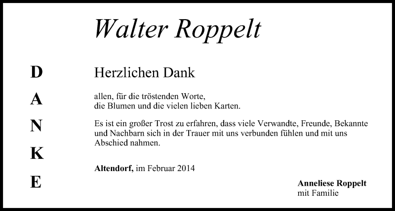  Traueranzeige für Walter Roppelt vom 01.03.2014 aus MGO