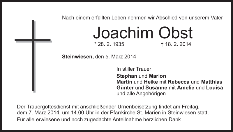  Traueranzeige für Joachim Obst vom 05.03.2014 aus MGO