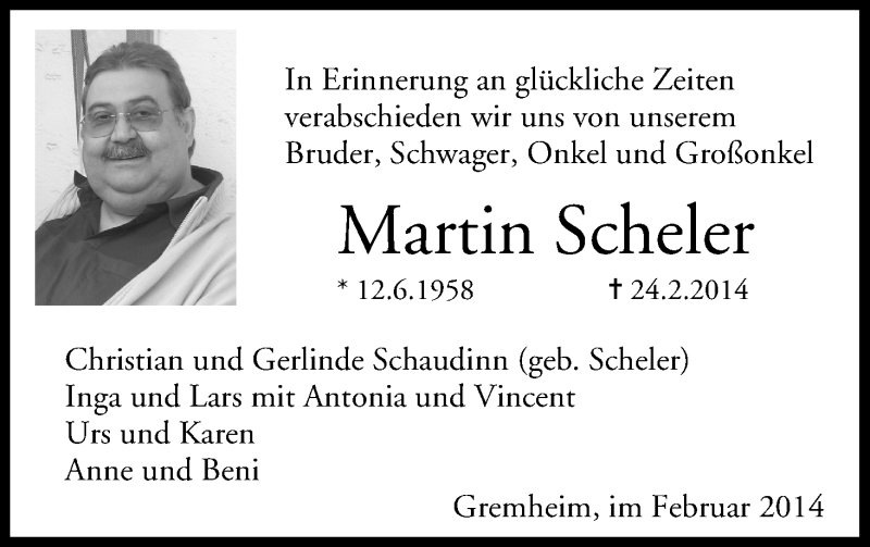  Traueranzeige für Martin Scheler vom 01.03.2014 aus MGO