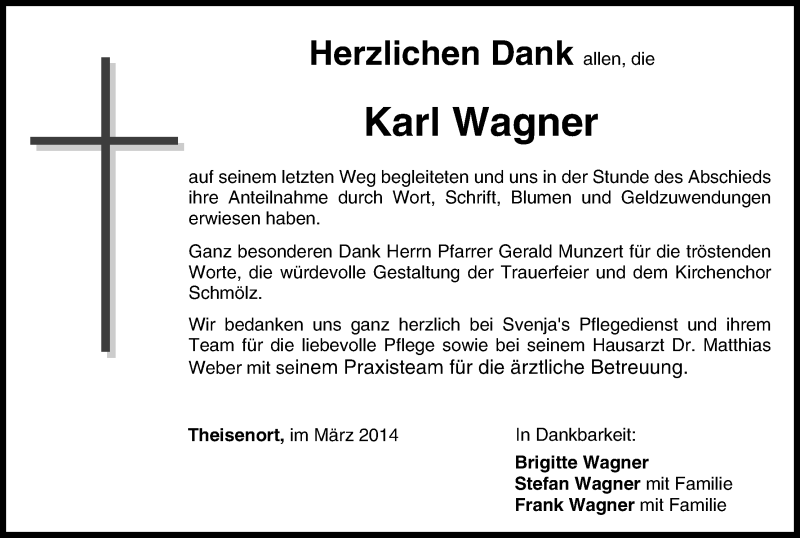  Traueranzeige für Karl Wagner vom 01.03.2014 aus MGO