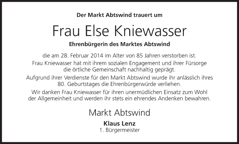  Traueranzeige für Else Kniewasser vom 01.03.2014 aus MGO