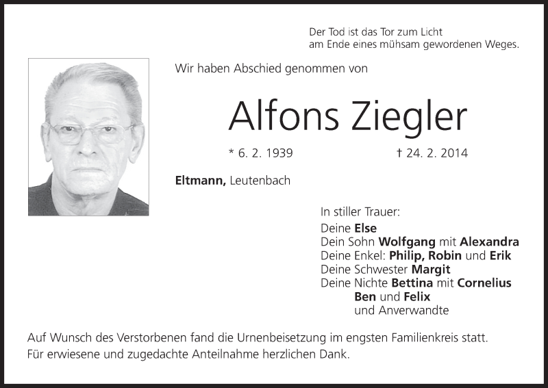 Traueranzeige für Alfons Ziegler vom 10.03.2014 aus MGO