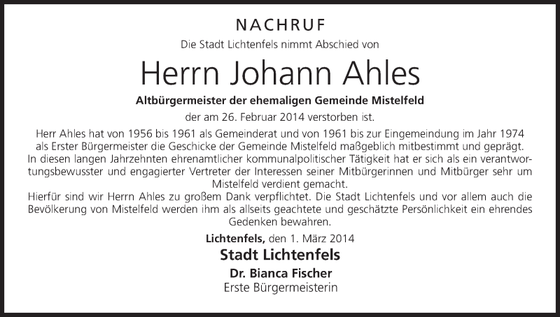 Traueranzeige für Johann Ahles vom 03.03.2014 aus MGO