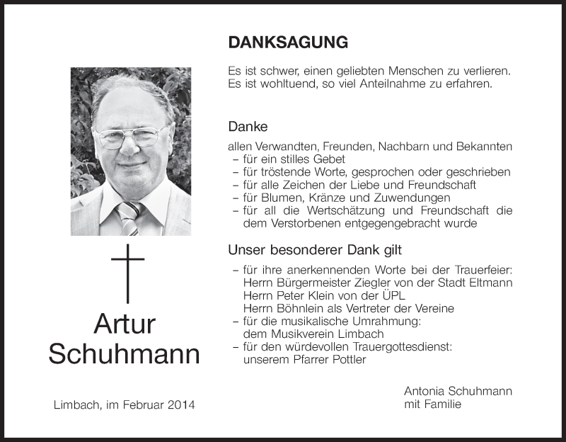  Traueranzeige für Artur Schuhmann vom 01.03.2014 aus MGO