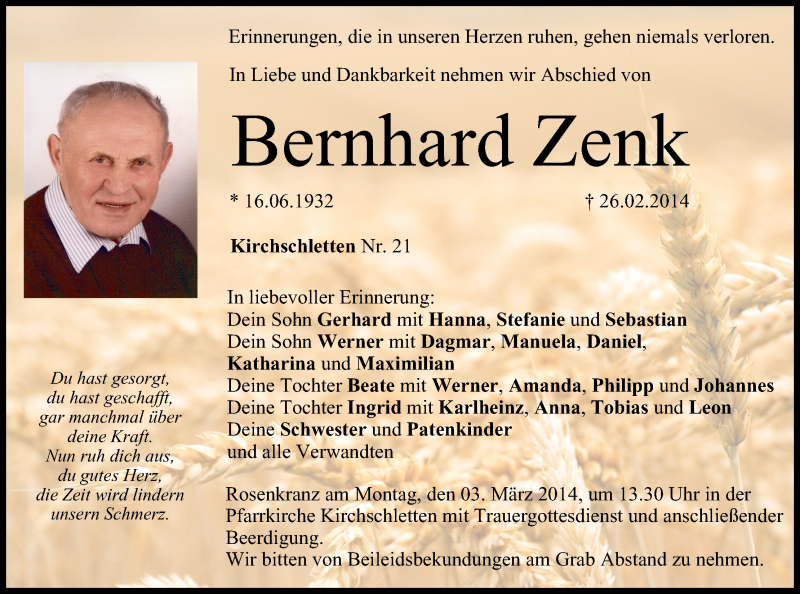  Traueranzeige für Bernhard Zenk vom 01.03.2014 aus MGO
